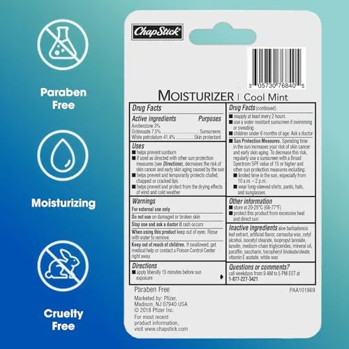 ChapStick Moisturizer Cool Mint Lip Balm Tubes - 0.15 Oz (Pack of 3)