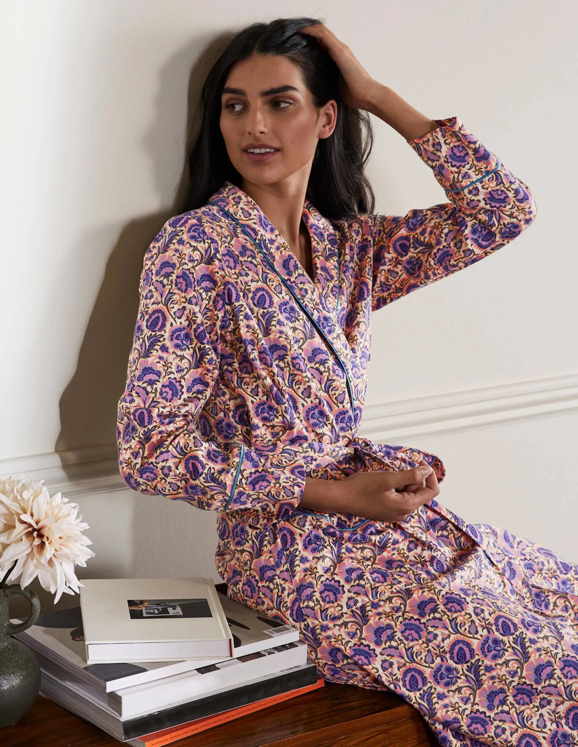 Cotton Dressing Gown-Ivory, Rich Floral
