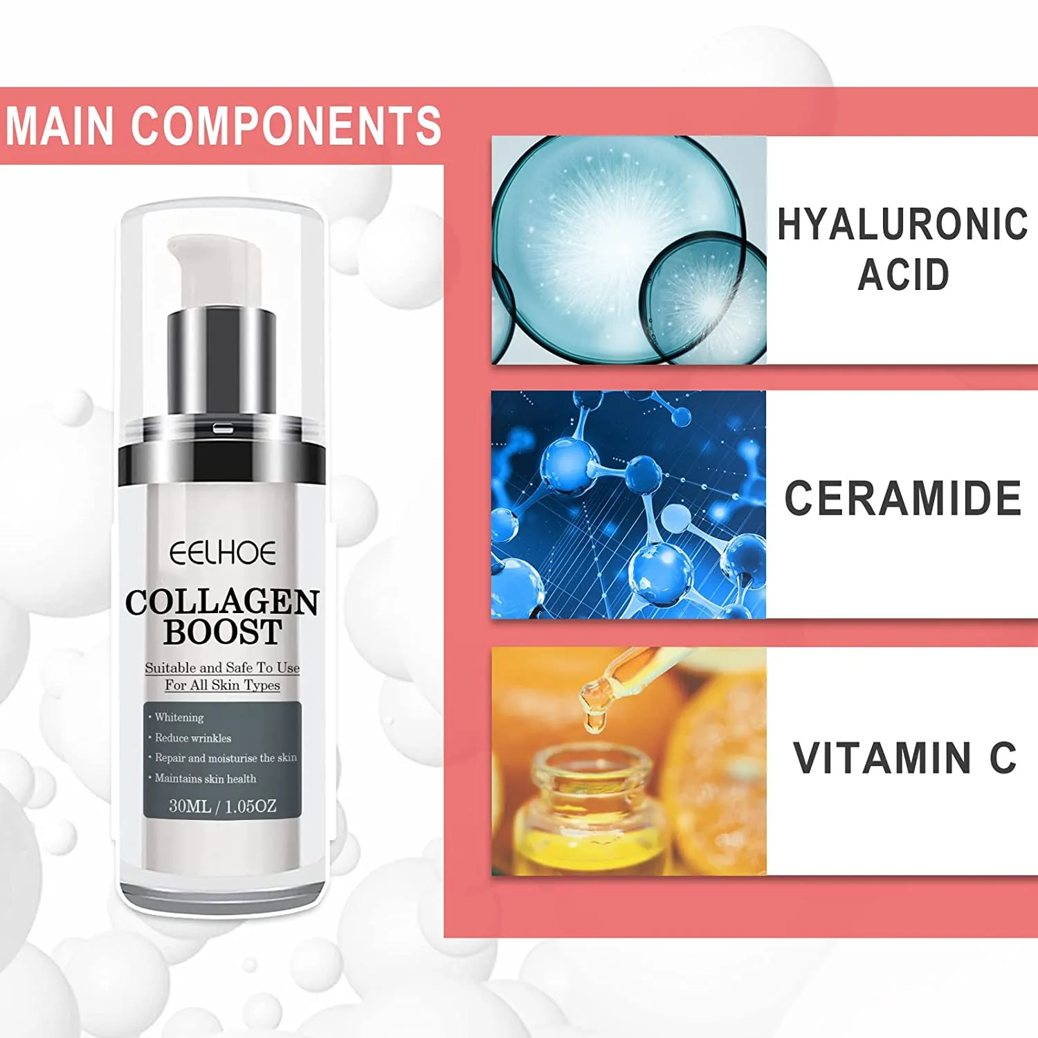 EELHOE Women Collagen Boost Anti-Aging Serum Collagen Booster for Face with Hyaluronic Acid Unisex Collagen Facial Cream