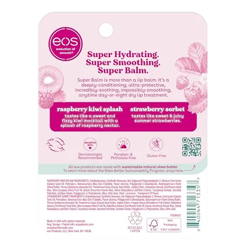 eos 24H Moisture Super Balm- Raspberry Kiwi Splash & Strawberry Sorbet, Lip Mask, Day or Night Lip Treatment, Made for Sensitive Skin, 0.35 fl oz, 2-Pack