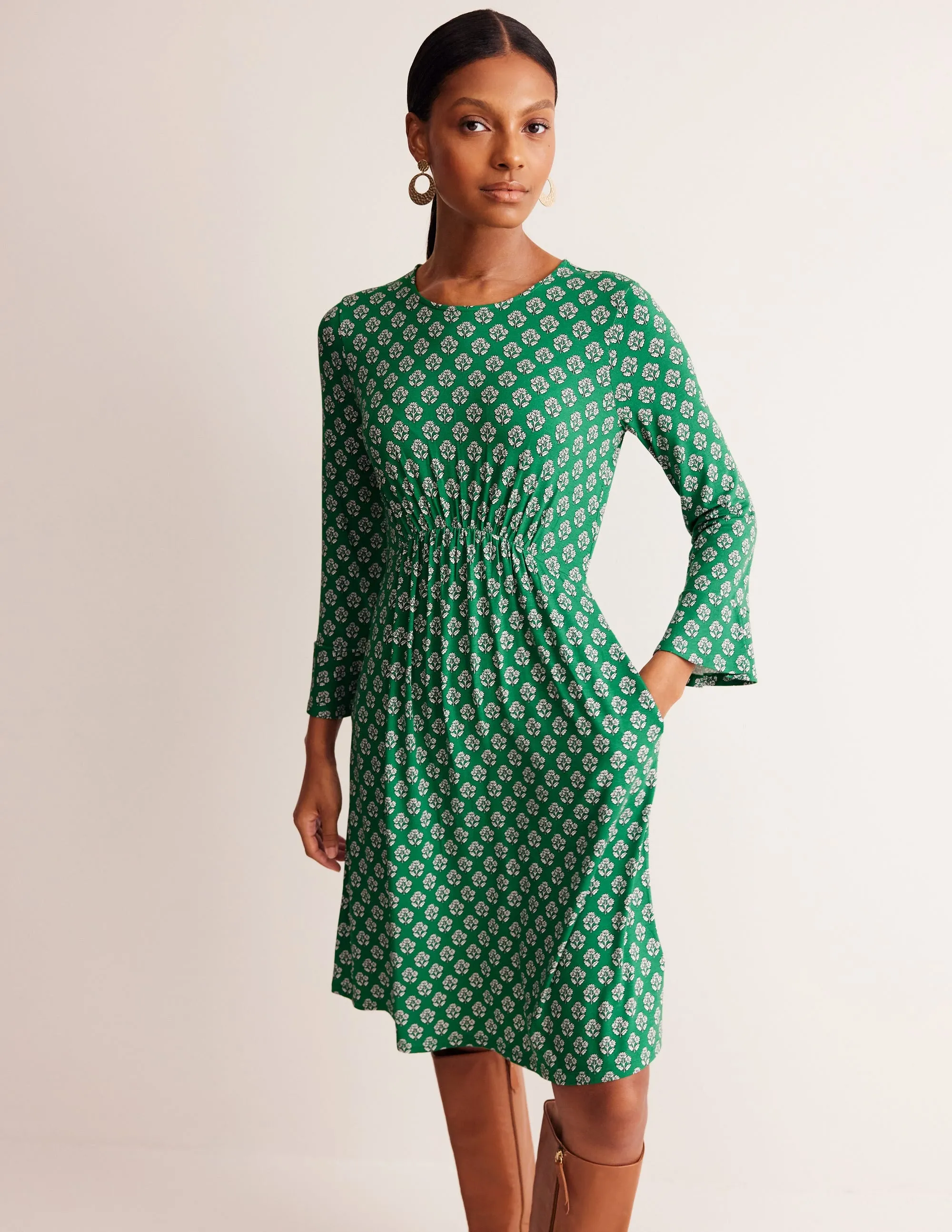 Flute Sleeve Jersey Dress-Rich Emerald, Pome Stamp