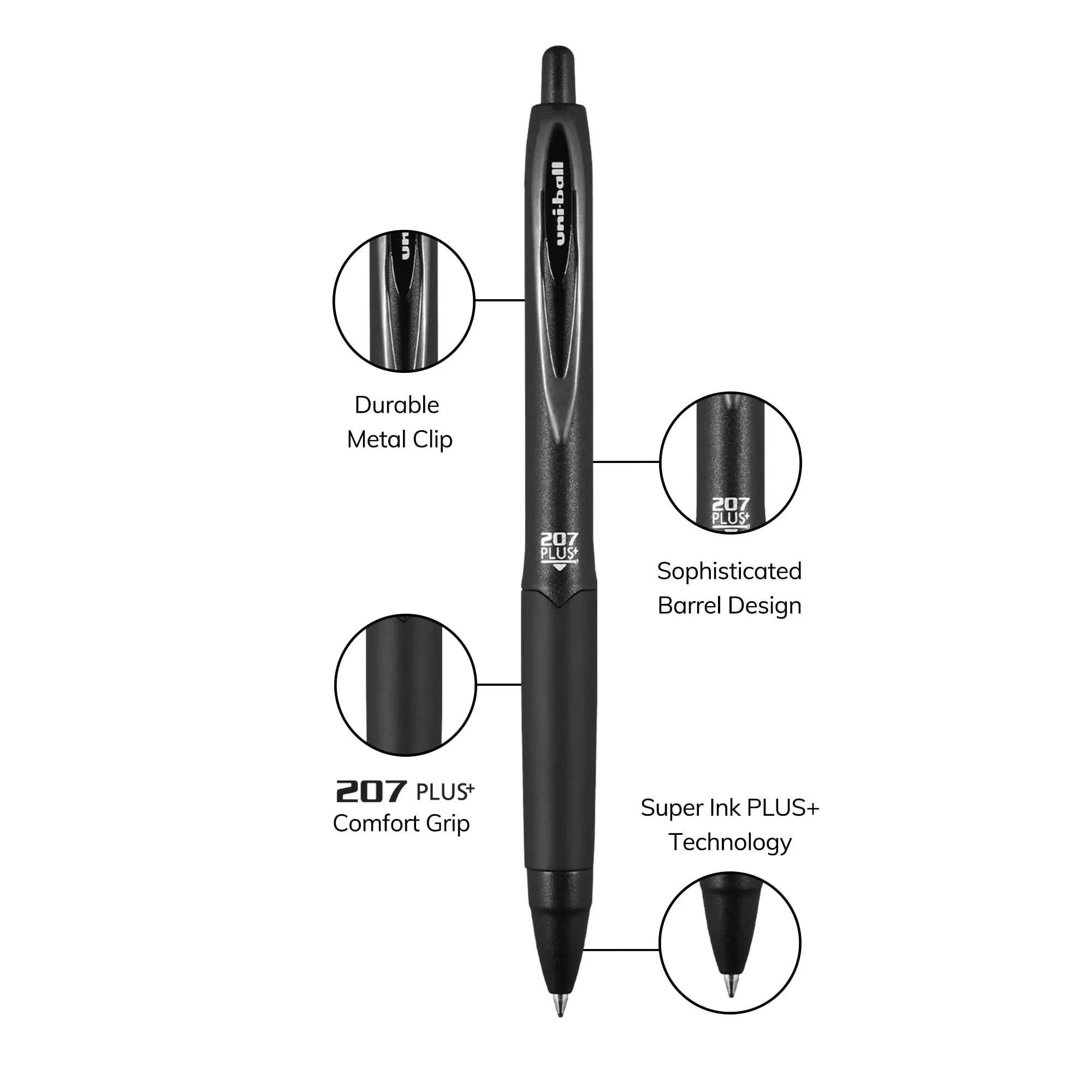 Uniball 207 Plus  Retractable Gel Pens, Medium Point (0.7mm), Black Ink, 4 Count