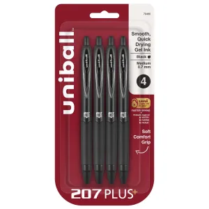 Uniball 207 Plus  Retractable Gel Pens, Medium Point (0.7mm), Black Ink, 4 Count